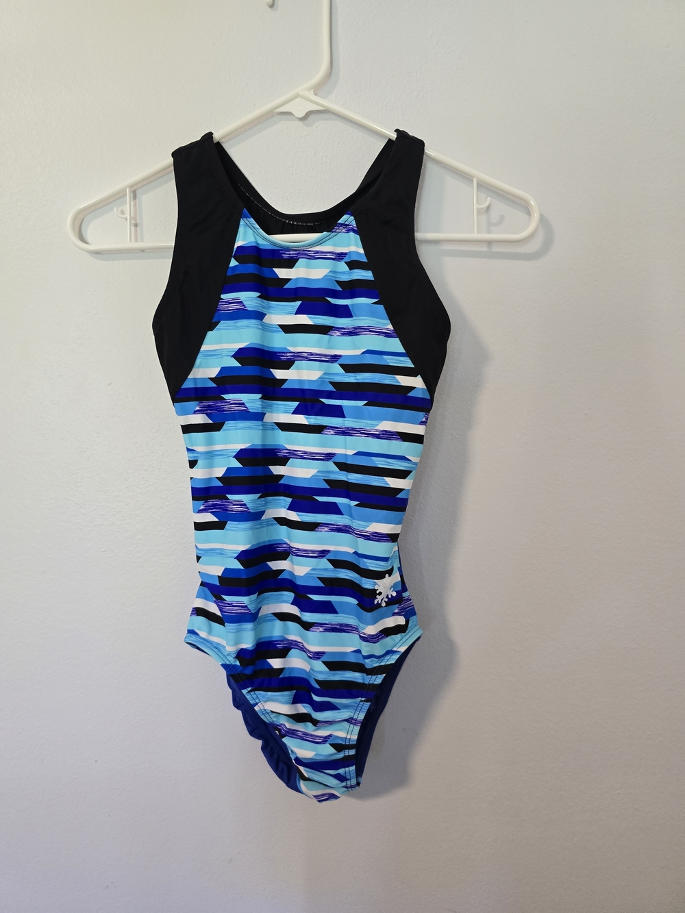 Snowflake Designs Gymnastics Leotard Adult Small Open Back Blue Geometric